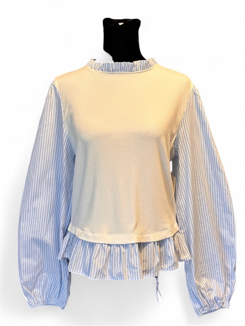 THE LINE OF STYLE White Ribbed Peplum Top L, Blue Striped Balloon Sleeves NWT